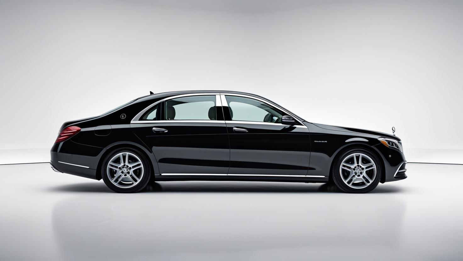 black luxury sedan(mercedes ) with white back ground wide view have big padding (1)