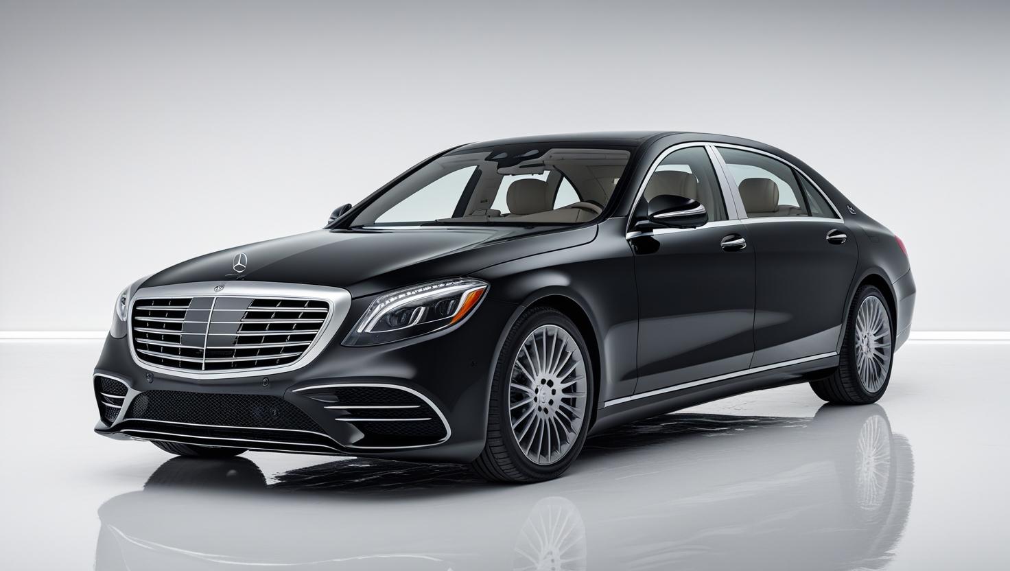 black luxury sedan(mercedes ) with white back ground wide view have big padding