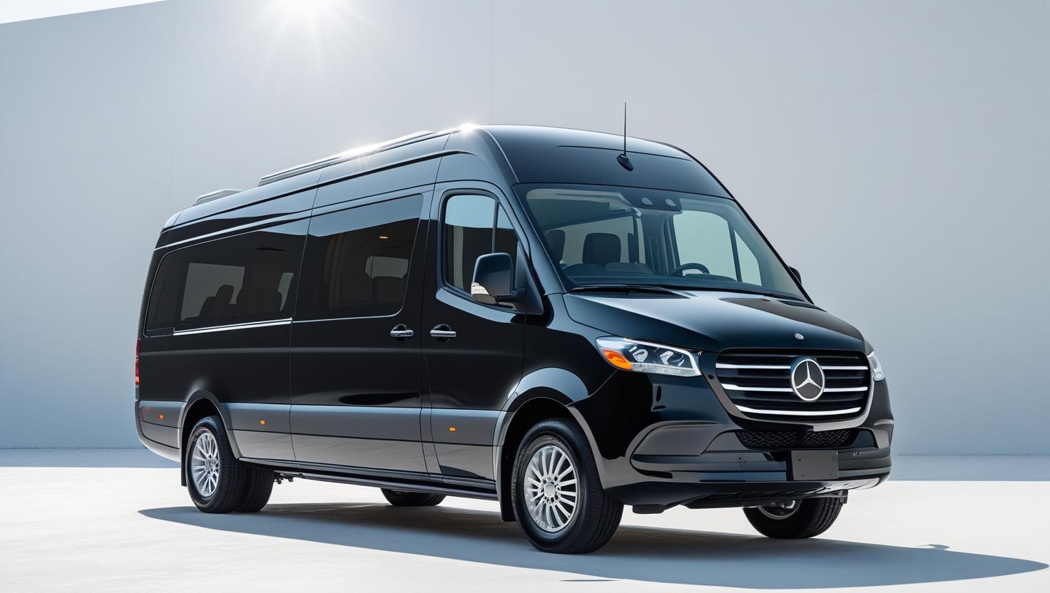 middle size one black luxury SPRINTER SHUTTLES with white back ground wide view (1)