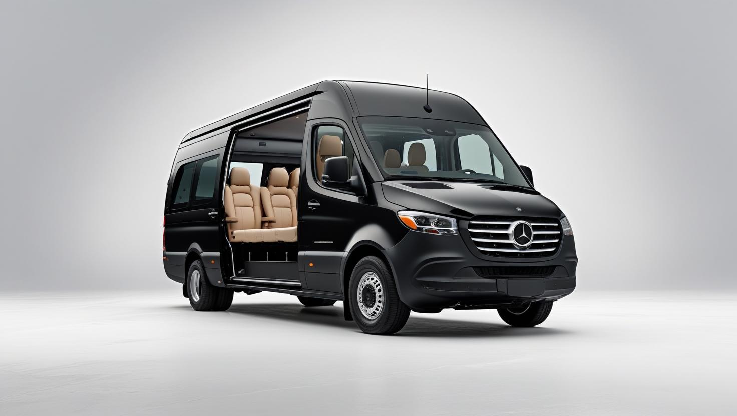 middle size one black luxury SPRINTER SHUTTLES with white back ground wide view have big padding (1)