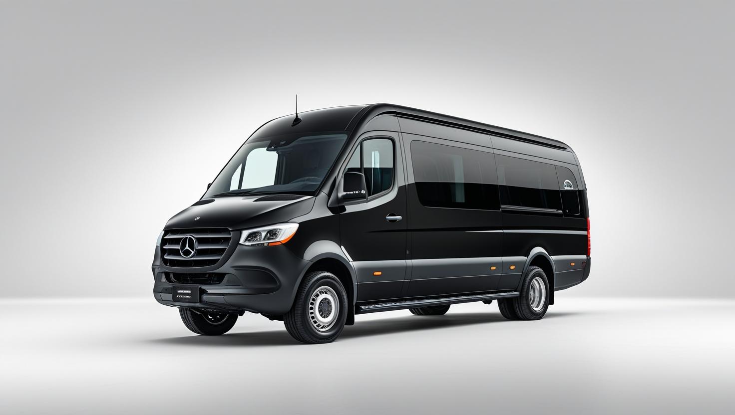 middle size one black luxury SPRINTER SHUTTLES with white back ground wide view have big padding
