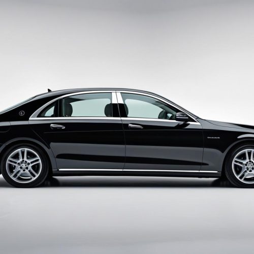 black luxury sedan(mercedes ) with white back ground wide view have big padding (1)