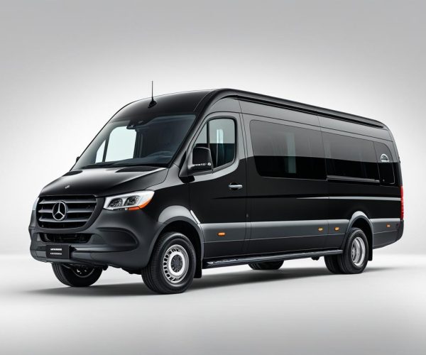 middle size one black luxury SPRINTER SHUTTLES with white back ground wide view have big padding